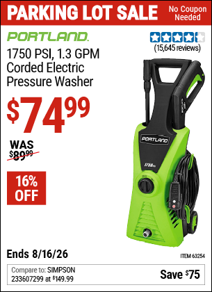 Harbor Freight Coupons, HF Coupons, 20% off - 1750 Psi Electric Pressure Washer