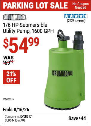 Harbor Freight Coupons, HF Coupons, 20% off - 1/6 Hp Submersible Utility Pump