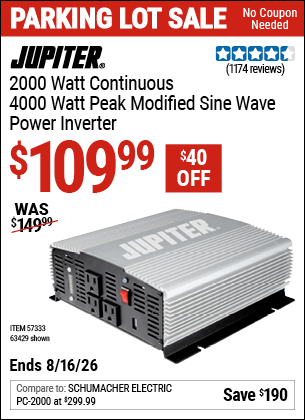 Harbor Freight Coupons, HF Coupons, 20% off - 2000 Watt Continuous/4000 Watt Peak Power Inverter