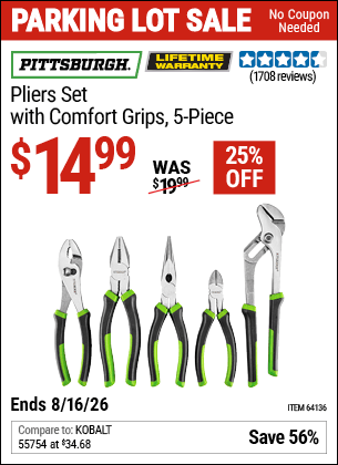 Harbor Freight Coupons, HF Coupons, 20% off - 5 Piece Pliers Set With Comfort Grips