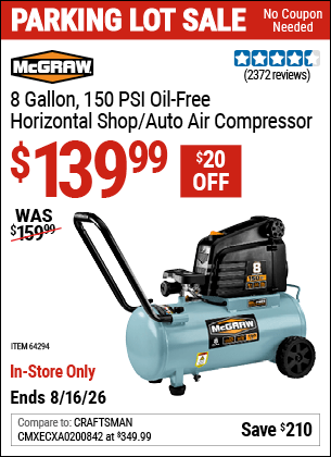 Harbor Freight Coupons, HF Coupons, 20% off - Mcgraw 150 Psi, 8 Gallon, 1.5 Hp Horizontal Compressor