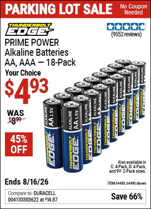 Harbor Freight Coupons, HF Coupons, 20% off - Thunderbolt Edge Alkaline Plus Batteries, Aa, Aaa - 18pk