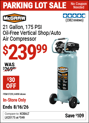 Harbor Freight Coupons, HF Coupons, 20% off - Mcgraw 175 Psi, 21 Gallon Vertical Oil-free Air Compressor