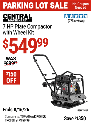 Harbor Freight Coupons, HF Coupons, 20% off - CENTRAL MACHINERY 6.5 HP Plate Compactor with Wheel Kit for $629.99