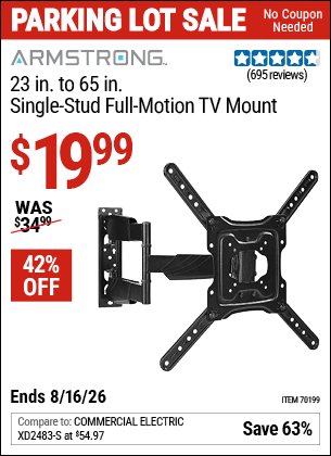 Harbor Freight Coupons, HF Coupons, 20% off - ARMSTRONG 23 in. to 65 in. Single-Stud Full-Motion TV Mount for $29.99