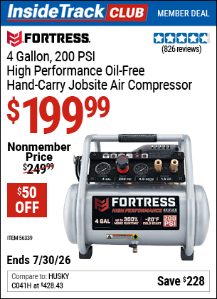 Harbor Freight Coupons, HF Coupons, 20% off - Fortress 4 Gallon, 1.5 Hp, 200 Psi Oil-free Professional Air Compressor