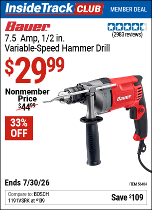 Harbor Freight Coupons, HF Coupons, 20% off - 1/2 in.  7.5  Amp Variable Speed Reversible Hammer Drill