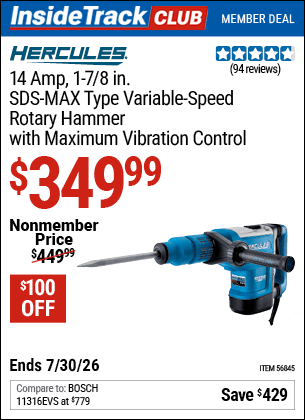 Harbor Freight Coupons, HF Coupons, 20% off - HERCULES 14 Amp 1-7/8 in. SDS Max-Type Variable Speed Rotary Hammer for $349.99