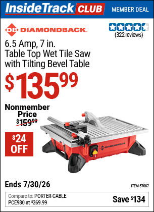 Harbor Freight Coupons, HF Coupons, 20% off - DIAMONDBACK 6.5 Amp 7 in. Table Top Wet Tile Saw with Tilting Bevel Table 