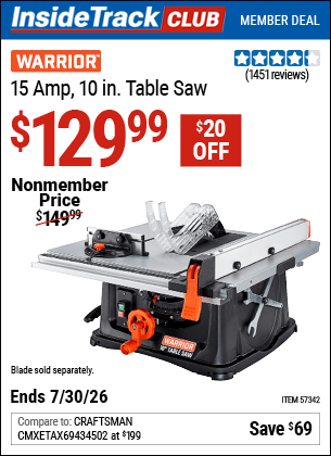 Harbor Freight Coupons, HF Coupons, 20% off - WARRIOR 10 in. 15 Amp Table Saw 