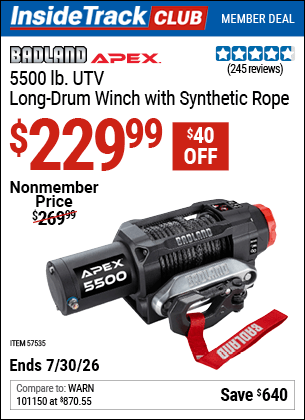 Harbor Freight Coupons, HF Coupons, 20% off - BADLAND APEX 5500 lb. UTV Long Drum Winch with Synthetic Rope for $249.99
