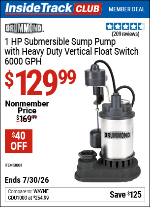 Harbor Freight Coupons, HF Coupons, 20% off - DRUMMOND 1 HP Submersible Sump Pump With Heavy Duty Vertical Float Switch for $149.99