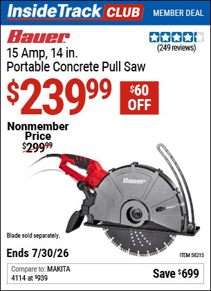 Harbor Freight Coupons, HF Coupons, 20% off - BAUER 15 Amp, 14 in. Portable Concrete Pull Saw for $229.99