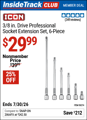 Harbor Freight Coupons, HF Coupons, 20% off - ICON 3/8 in. Drive Professional Socket Extension Set, 6-Piece for $24.99