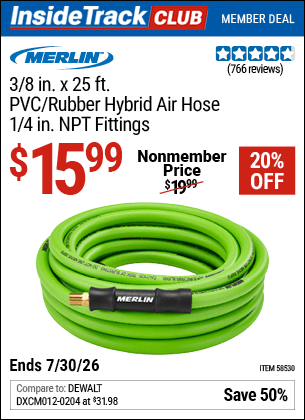 Harbor Freight Coupons, HF Coupons, 20% off - MERLIN 3/8 in. x 25 ft. PVC/Rubber Hybrid Air Hose for $14.99
