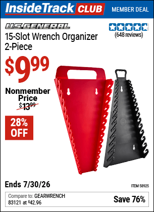 Harbor Freight Coupons, HF Coupons, 20% off - U.S. GENERAL 15 Slot Wrench Organizer, 2 Pc. for $9.99
