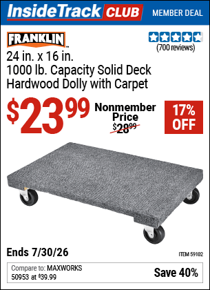 Harbor Freight Coupons, HF Coupons, 20% off - FRANKLIN 24 in. x 16 in. 1000 lb. Capacity Solid Deck Hardwood Dolly with Carpet 