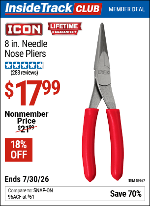 Harbor Freight Coupons, HF Coupons, 20% off - ICON 8 in. Needle Nose Pliers for $14.99