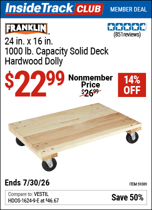 Harbor Freight Coupons, HF Coupons, 20% off - FRANKLIN 24 in. x 16 in. 1000 lb. Capacity Solid Deck Hardwood Dolly 