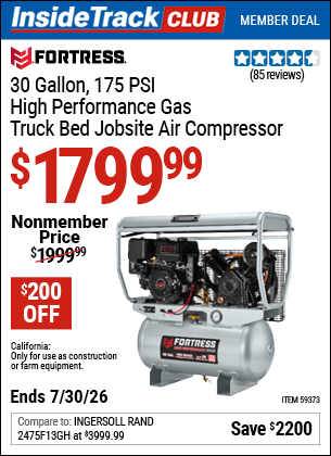 Harbor Freight Coupons, HF Coupons, 20% off - FORTRESS 30 Gallon, 175 PSI High Performance Gas Truck Bed Jobsite Air Compressor for $1699.99