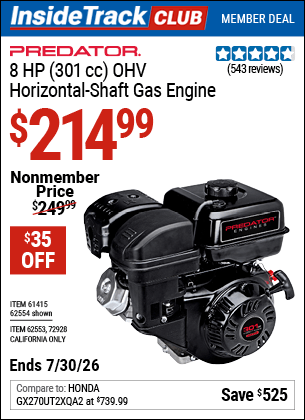 Harbor Freight Coupons, HF Coupons, 20% off - 8 Hp (301 Cc) Ohv Horizontal Shaft Gas Engine