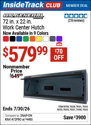 Harbor Freight Coupons, HF Coupons, 20% off - U.S. GENERAL 72 in. x 22 in. Work Center Hutch, Series 3 for $599.99
