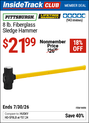 Harbor Freight Coupons, HF Coupons, 20% off - 8 Lb. Fiberglass Sledge Hammer