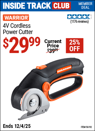 Harbor Freight Coupons, HF Coupons, 20% off - WARRIOR 4V Lithium-Ion Cordless Power Cutter for $24.99