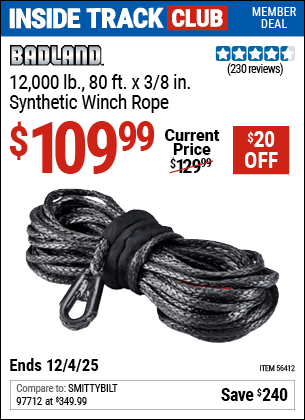 Harbor Freight Coupons, HF Coupons, 20% off - BADLAND 12,000 Lb. 80 Ft. X 3/8 In. Synthetic Winch Rope for $149.99
