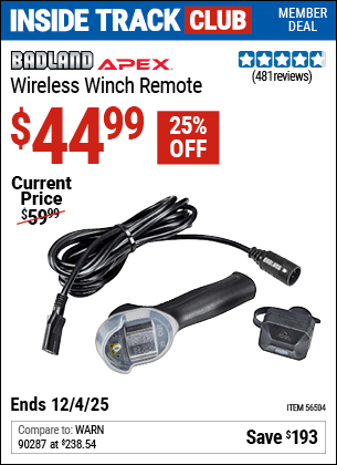 Harbor Freight Coupons, HF Coupons, 20% off - BADLAND Wireless Winch Remote for $59.99