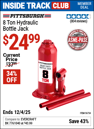 Harbor Freight Coupons, HF Coupons, 20% off - PITTSBURGH 8 Ton Hydraulic Bottle Jack 