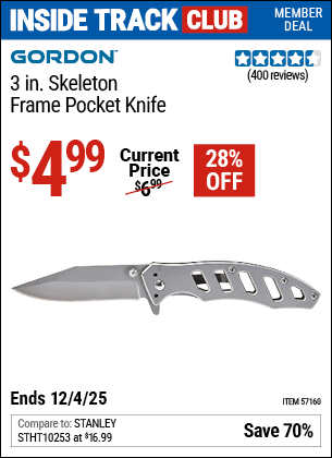Harbor Freight Coupons, HF Coupons, 20% off - 3 in. Skeleton Frame Pocket Knife