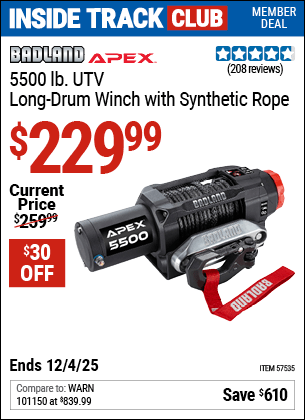 Harbor Freight Coupons, HF Coupons, 20% off - BADLAND APEX 5500 lb. UTV Long Drum Winch with Synthetic Rope for $249.99