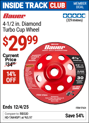 Harbor Freight Coupons, HF Coupons, 20% off - 4-1/2 in. Diamond Turbo Cup Wheel