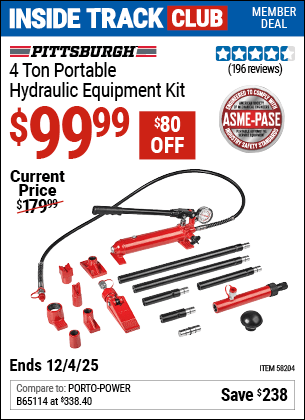 Harbor Freight Coupons, HF Coupons, 20% off - PITTSBURGH 4 Ton Portable Hydraulic Equipment Kit for $119.99