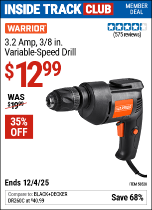 Harbor Freight Coupons, HF Coupons, 20% off - WARRIOR 3.2 Amp 3/8 in. Variable Speed Drill 