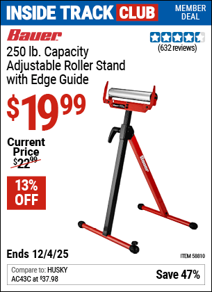 Harbor Freight Coupons, HF Coupons, 20% off - BAUER Adjustable Roller Stand with Edge Guide 