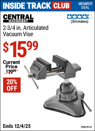 Harbor Freight Coupons, HF Coupons, 20% off - CENTRAL MACHINERY 2-3/4 in. Articulated Vacuum Vise for $14.99