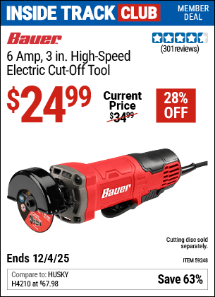 Harbor Freight Coupons, HF Coupons, 20% off - BAUER 6 Amp, 3 in. High Speed Electric Cut-Off Tool for $19.99