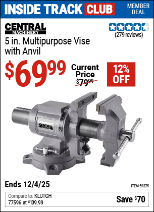Harbor Freight Coupons, HF Coupons, 20% off - CENTRAL MACHINERY 5 in. Multi-Purpose Vise with Anvil for $64.99