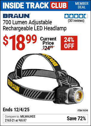 Harbor Freight Coupons, HF Coupons, 20% off - BRAUN 700 Lumen Adjustable Rechargeable LED Headlamp for $19.99