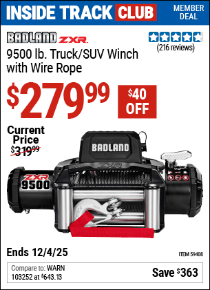Harbor Freight Coupons, HF Coupons, 20% off - BADLAND ZXR 9500 lb. Truck/SUV Winch with Wire Rope 