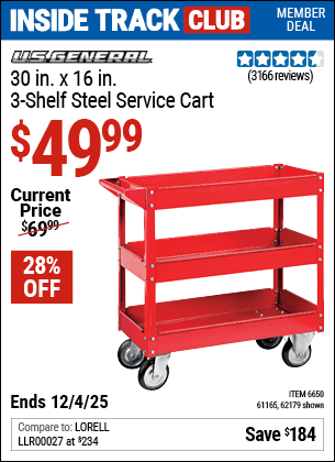 Harbor Freight Coupons, HF Coupons, 20% off - 16 X 30 Three Shelf Steel Service Cart