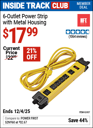 Harbor Freight Coupons, HF Coupons, 20% off - 6 Outlet Heavy Duty Power Strip With Metal Housing
