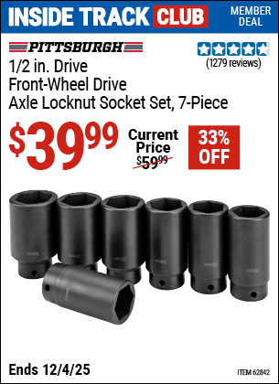 Harbor Freight Coupons, HF Coupons, 20% off - 1/2 in. Drive Front Wheel Drive Axle Lock-Nut Socket Set, 7 Pc.