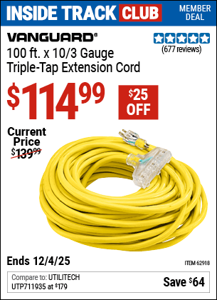 Harbor Freight Coupons, HF Coupons, 20% off - 100ft X 10 Gauge Triple Tap Extension Cord