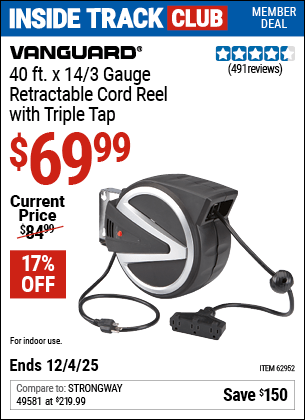 Harbor Freight Coupons, HF Coupons, 20% off - VANGUARD 40 ft. Retractable Cord Reel with Triple Tap for $64.99