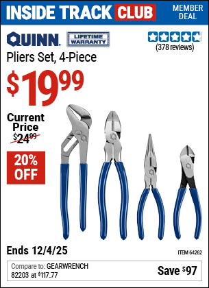 Harbor Freight Coupons, HF Coupons, 20% off - Quinn 4 Piece Pliers Set