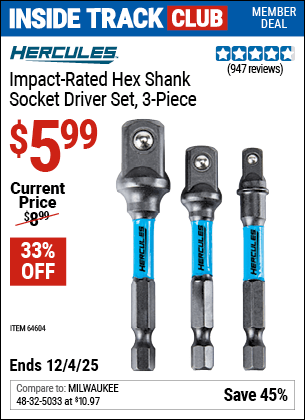 Harbor Freight Coupons, HF Coupons, 20% off - Hercules 3 Piece Impact Rated Hex Drill Socket Driver Set