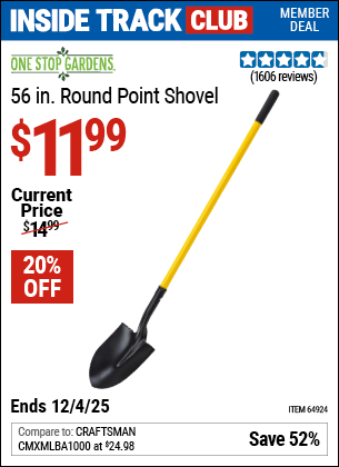 Harbor Freight Coupons, HF Coupons, 20% off - ONE STOP GARDENS 56 in. Round Point Shovel for $7.99